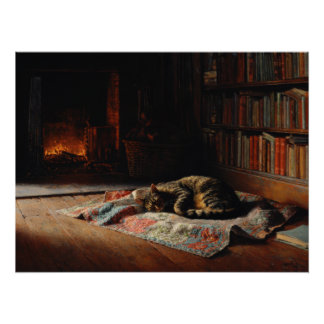 Poster Cozy Fireplace Cat Library Scene