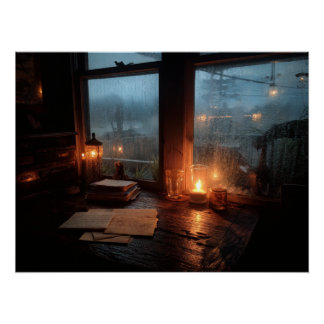 Poster Cozy Rainy Window Candle Glow Scene