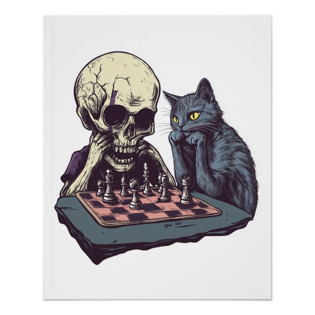 Poster Crâne contre Chat � Bataille d'échecs drôle (Devant)