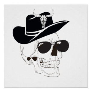 Poster Crâne cowboy avec lunettes de soleil et Casquette