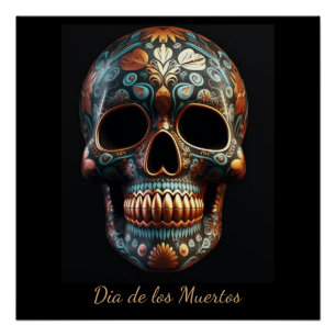 Poster Crâne de Día de los Muertos or Turquoise sur mesur