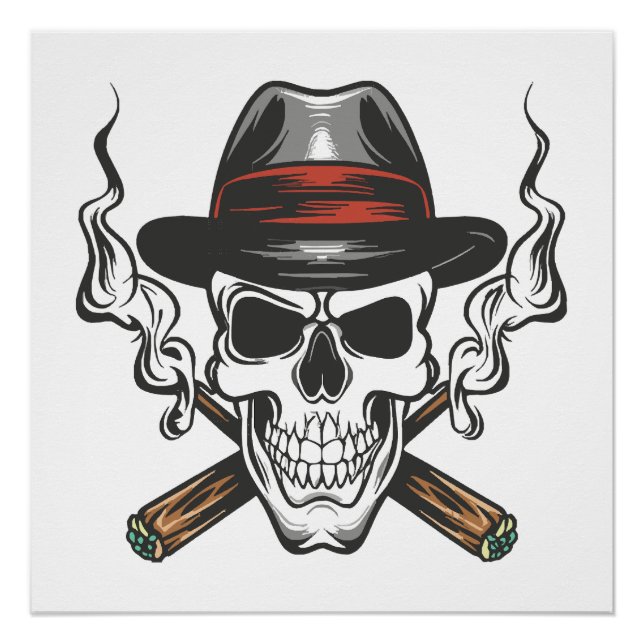 Poster Crâne de gangster avec chapeau fedora (Devant)