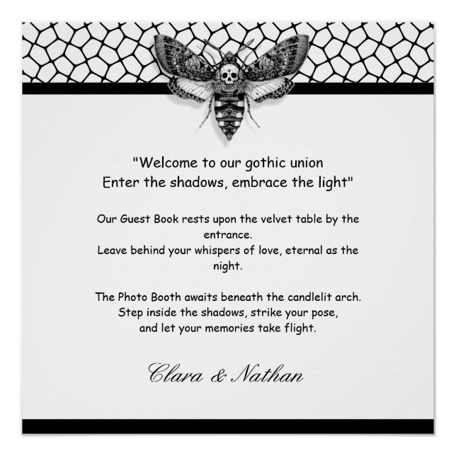 Poster Crâne de Moth gothique Mariage [ Noir & blanc (Devant)