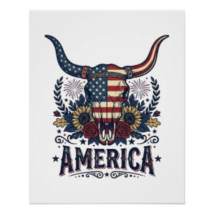 Poster Crâne de taureau patriotique Amérique vintage 4 ju
