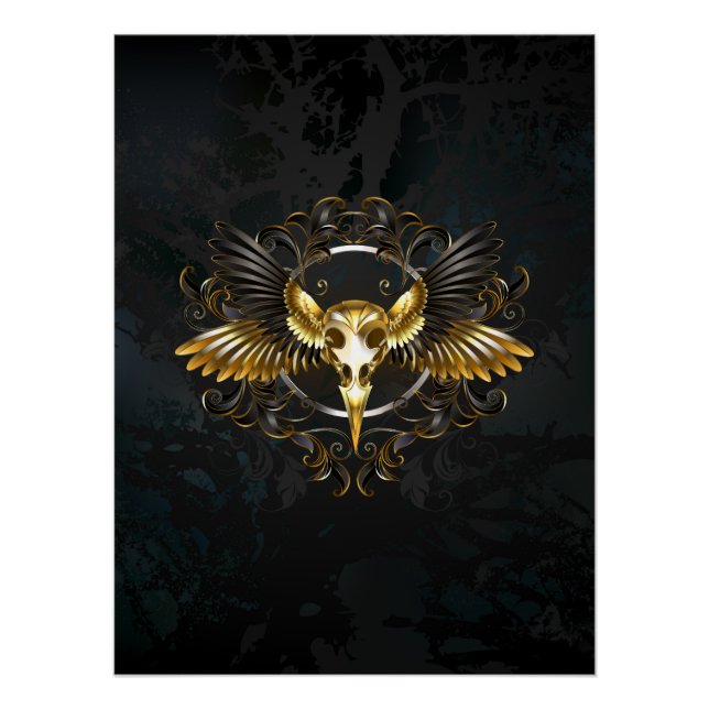 Poster Crâne d'oiseau doré sur fond noir (Devant)