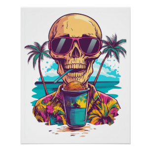 Poster Crâne en vacances � Squelette de plage drôle déten