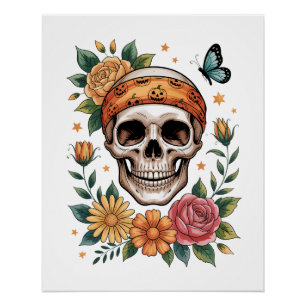 Poster Crâne Floral Halloween Sombre
