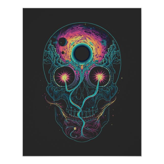 Poster Crâne néon galaxie cosmique psychédélique (Devant)
