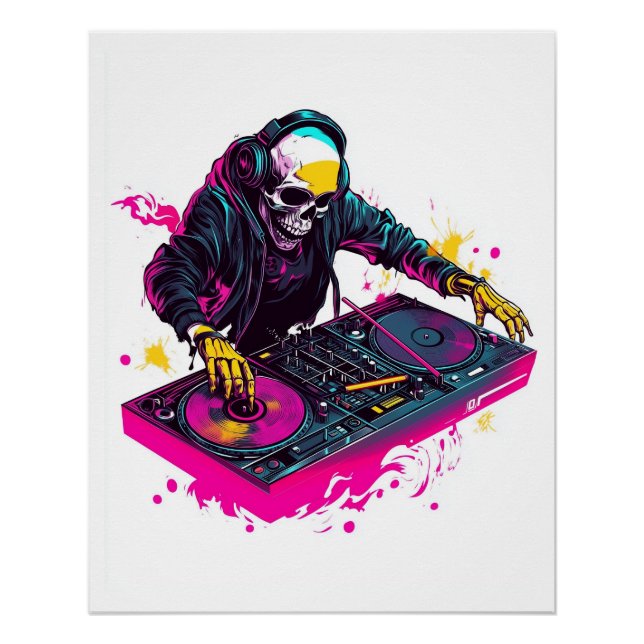 Poster Crâne Rave � Squelette de fête EDM DJ (Devant)