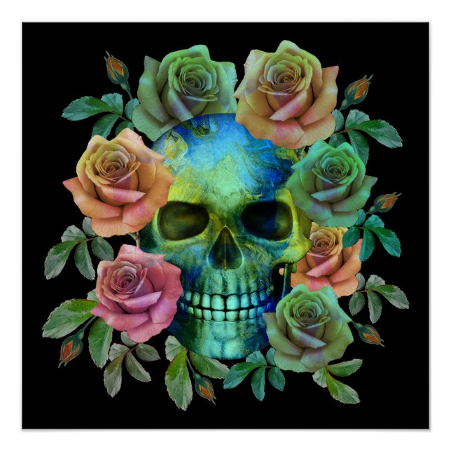 POSTER CRÂNE VERT DE LA MORT AVEC FLEURS (Devant)