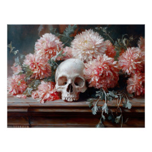 Poster Crâne vintage et fleurs rose pâle