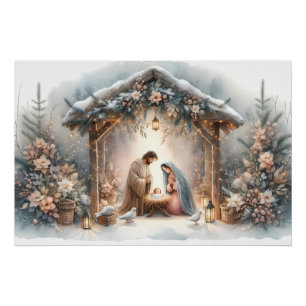 Poster Crèche rustique avec fleurs d'hiver