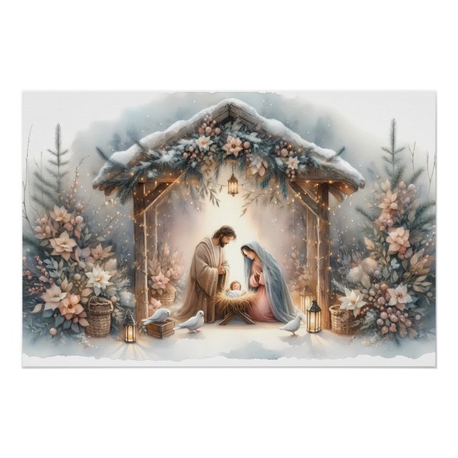 Poster Crèche rustique avec fleurs d'hiver (Devant)