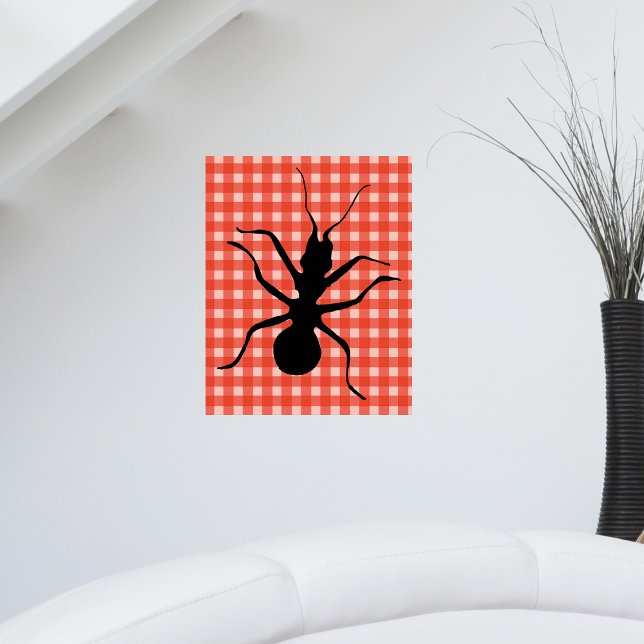 Poster Creepy Crawly Ant Plaid Tablecloth Original Art (Big black ant on picnic tablecloth red white plaid pattern on wall art poster.)