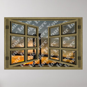 Poster Créez votre propre fenêtre ouverte en bois Brown