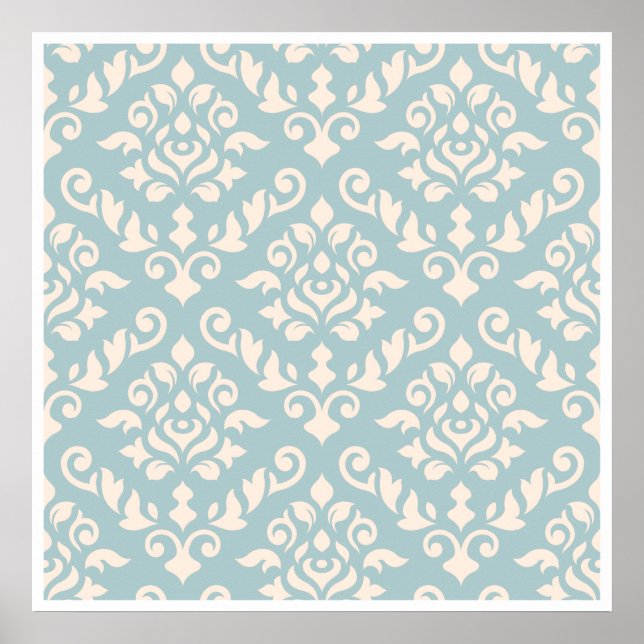 Poster Crème Motif baroque Damas sur bleu (Devant)