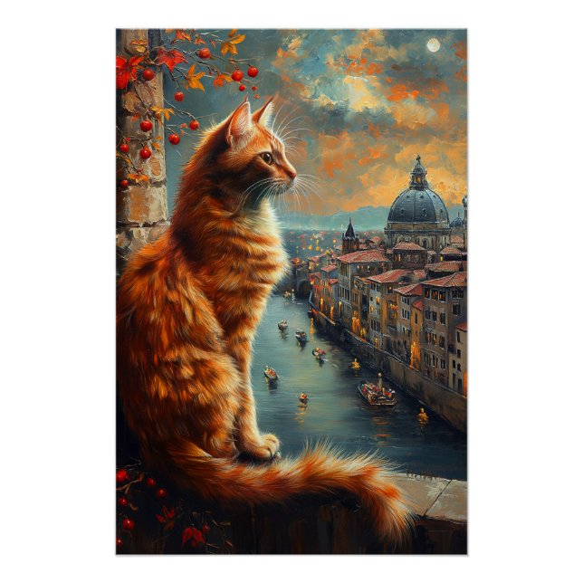 Poster Crépuscule à Venise | Chat roux sur un canal (Devant)
