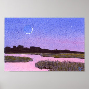 Poster Crescent Moon Marsh & Heron