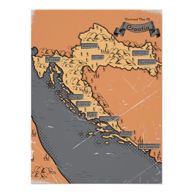 Poster Croatie carte ancienne vintage (Devant)