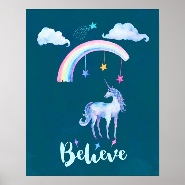 Poster Croire avec une licorne sous un arc-en-ciel (Devant)