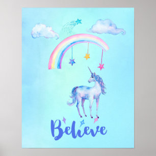 Poster Croire avec une licorne sous un arc-en-ciel