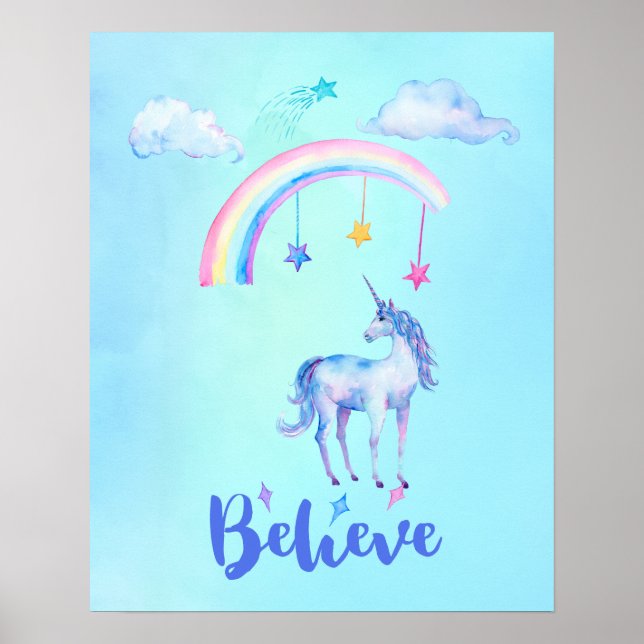 Poster Croire avec une licorne sous un arc-en-ciel (Devant)