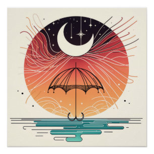 Poster Croissant de Lune sur un Parapluie avec Pluie d'Ét