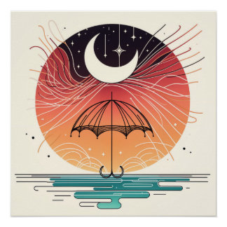 Poster Croissant de Lune sur un Parapluie avec Pluie d'Ét