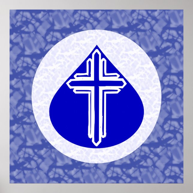 Poster Croix blanche dans une larme bleue sur fond bleu e (Devant)