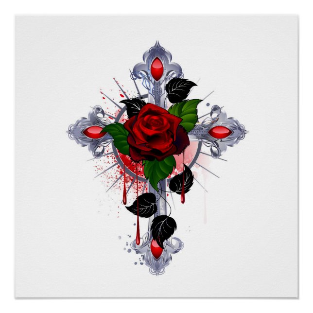 Poster Croix d'argent avec une rose rouge (Devant)