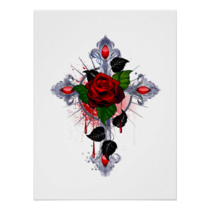 Poster Croix d'argent avec une rose rouge