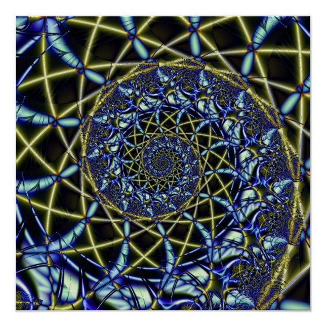 Poster Croix de crise | Art fractal jaune et bleu (Devant)