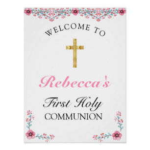 Poster Croix d'or rose Floral Première communion Bienvenu