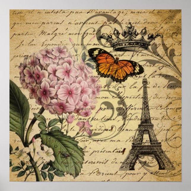 Poster cropt hydrangea bird french botanical (Devant)