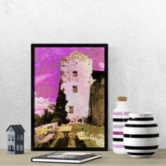 Poster Crouching Under the Pink Sky Surréaliste Watercolo