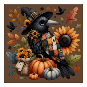 Poster Crow Whimsical avec Citrouilles et tournesols