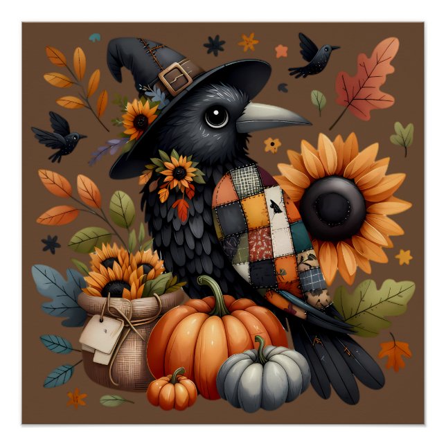 Poster Crow Whimsical avec Citrouilles et tournesols (Devant)