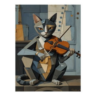 Poster Cubist Harmony: Feline Violinist