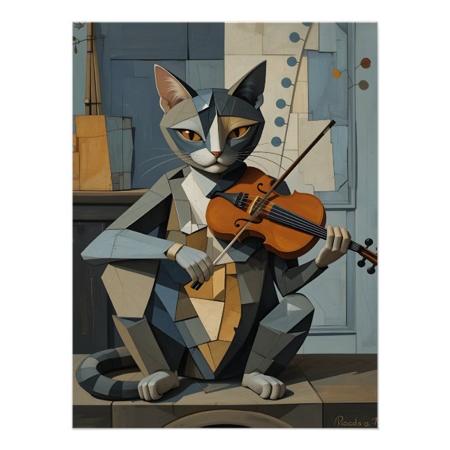 Poster Cubist Harmony: Feline Violinist (Devant)