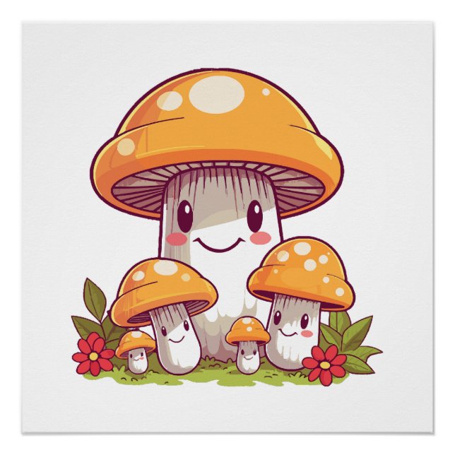 Poster Cueillette de champignons, style kawaii heureux (Devant)