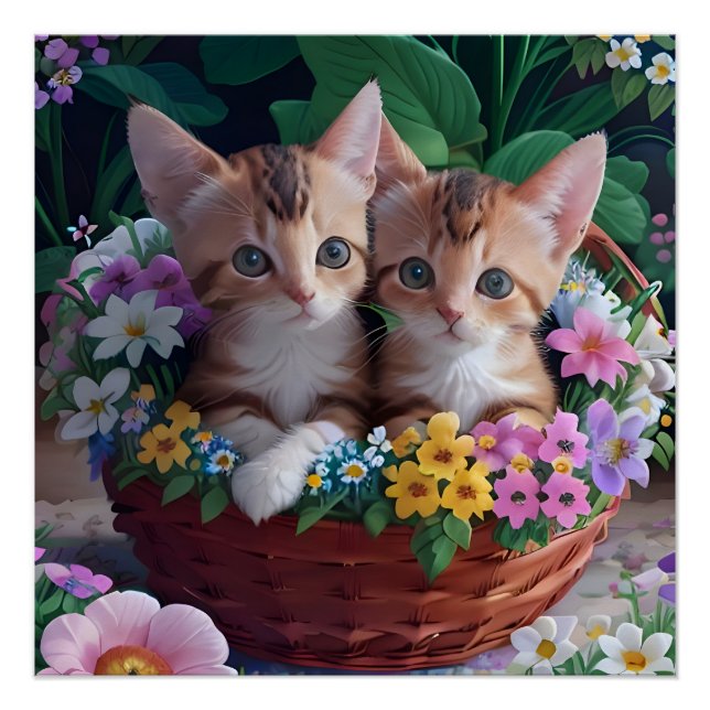 Poster Cuisinement Cute Kittens dans un panier à fleurs (Devant)