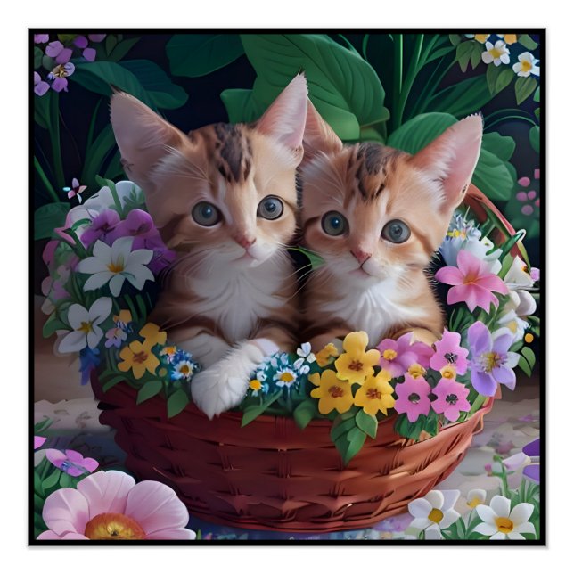 Poster Cuisinement Cute Kittens dans un panier à fleurs (Devant)