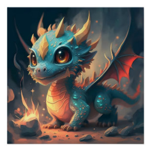 Poster Curieux Dragon Bleu Chibi