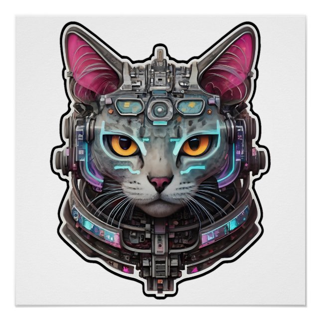 Poster Curieux Kitty dans un cyber-casque (Devant)