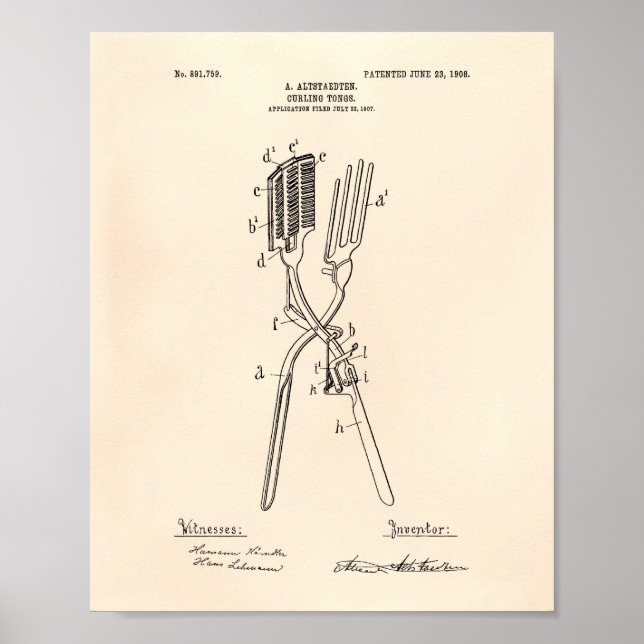 Poster Curling Tongs 1908 Patent Art Old Peper (Devant)