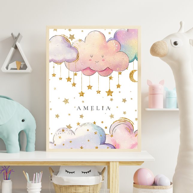 Poster Cute Aquarelle Cloud Star Baby Girl Nursery Room (Créateur téléchargé)