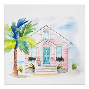 Poster Cute Aquarelle Pink Beach House