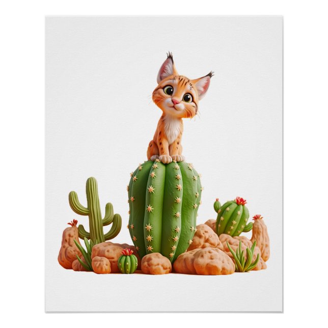 Poster Cute Bobcat sur cactus (Devant)