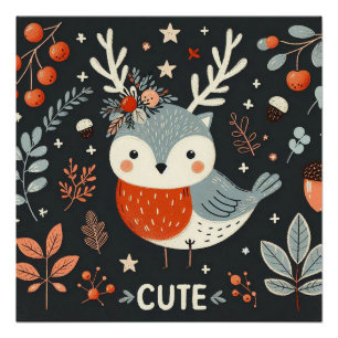 Poster Cute Boho Automne Robin couronne Décale murale