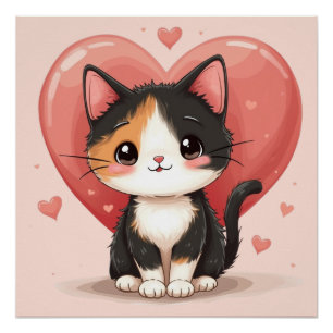 Poster Cute Calico Cat Heart Kawaii Valentine's Art